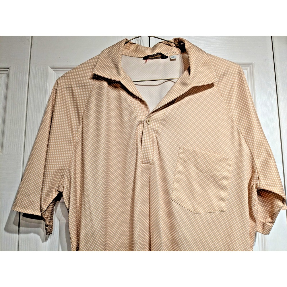 Leonard's Vtg. Disco Polka Dot Mens Sz: L Tan Short Sleeve Polo Shirt Pocket USA